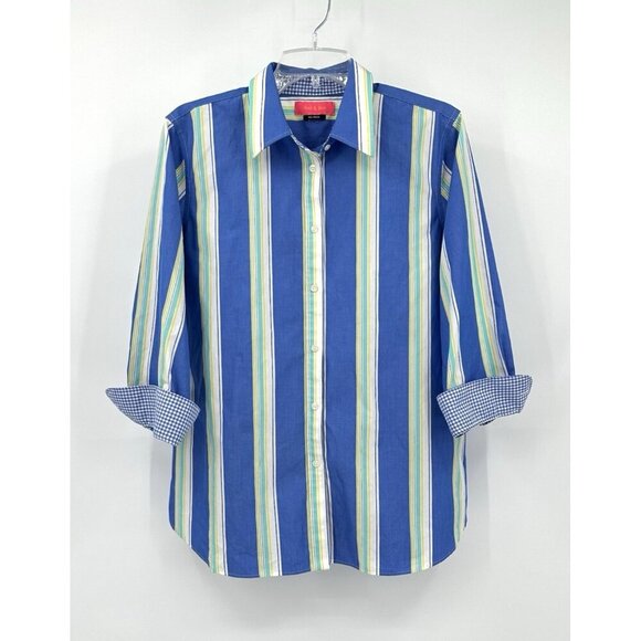 AUD & BOB button down shirt striped 3/4 sleeve poplin no iron casual colorful L - Picture 1 of 8